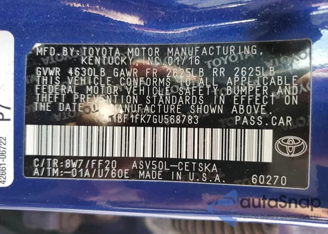 2016 Toyota Camry Le из США, поврежденный, VIN 4T1BF1FK7GU568783